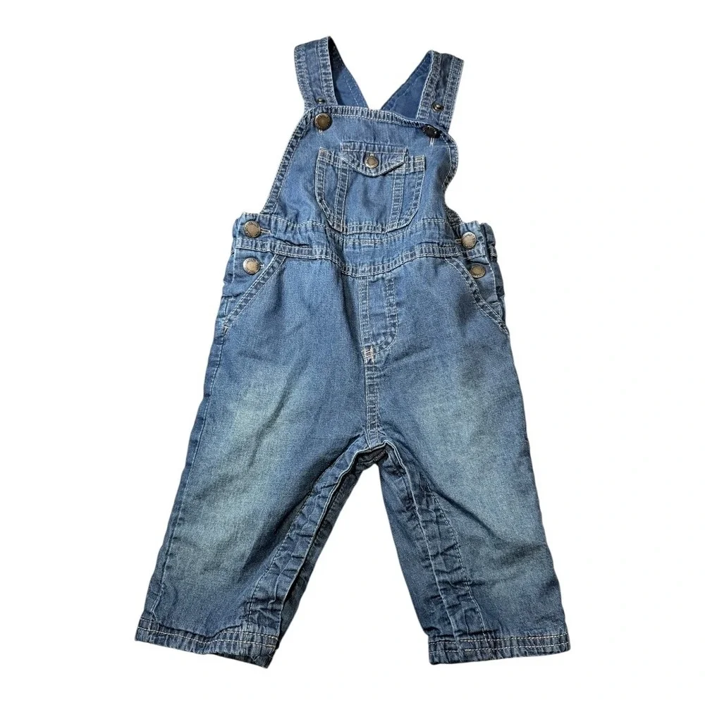 OshKosh Denim Overalls Kids 6-9M Genuine Kids Blue Lined Snap Inseam Bib Overall